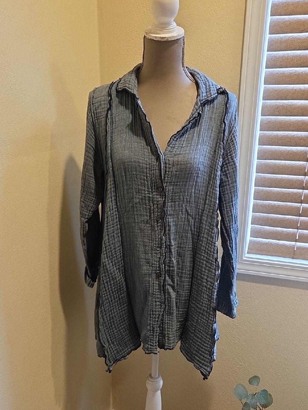 Women's Washed Gray Button-Down Tunic Shirt